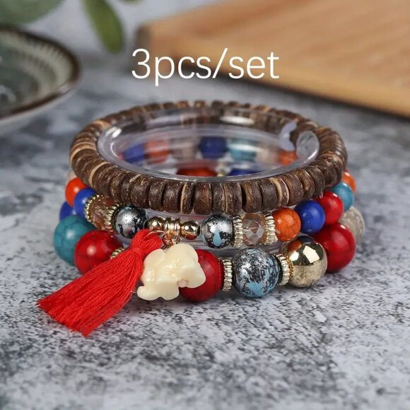 New 3pc Bohemian Dark Mix Multicolor Beaded Bracelet Set - Picture 4 of 10